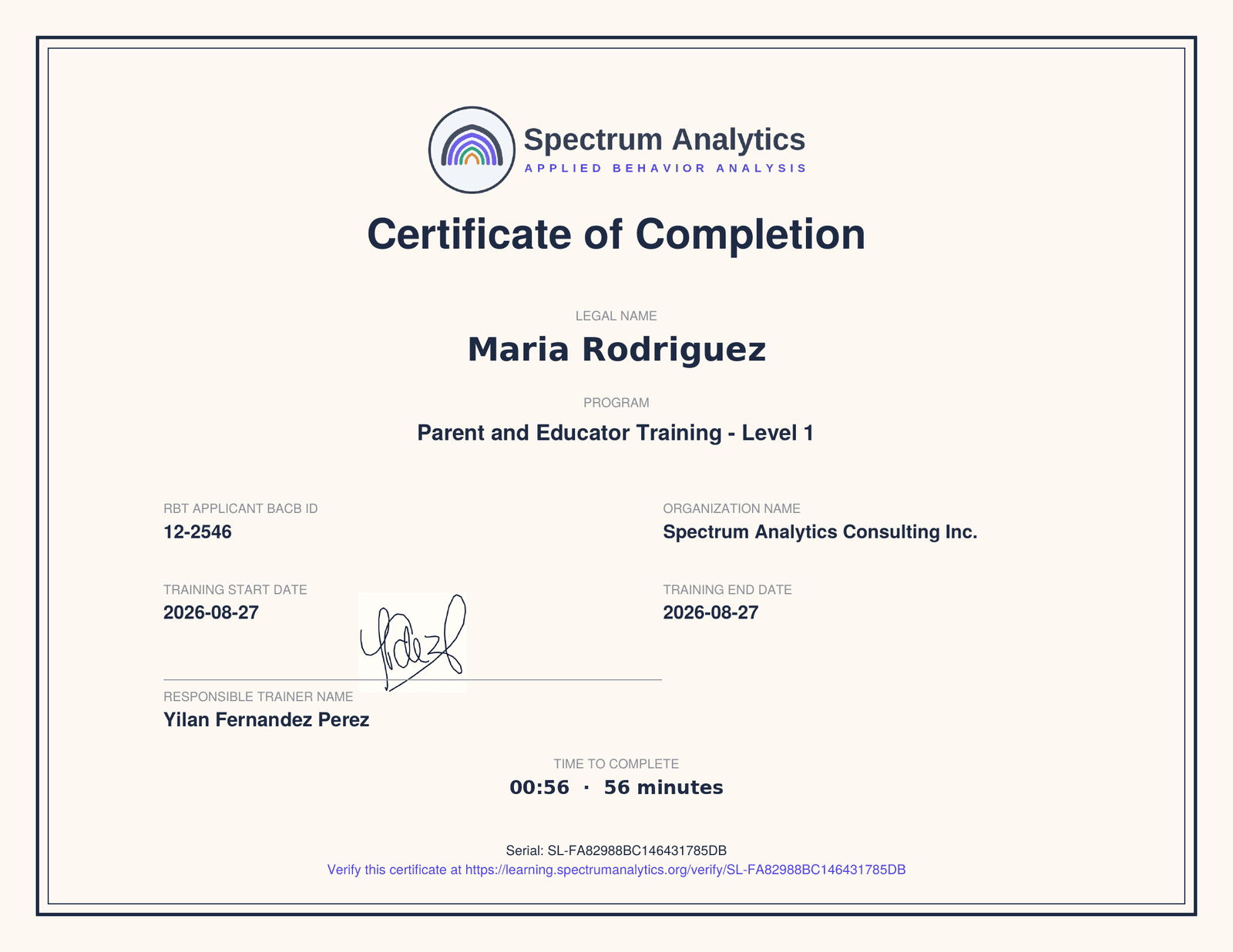 Sample certificate of completion for the Parent and Educator Training course, signed by Yilan Fernandez Perez, BCBA