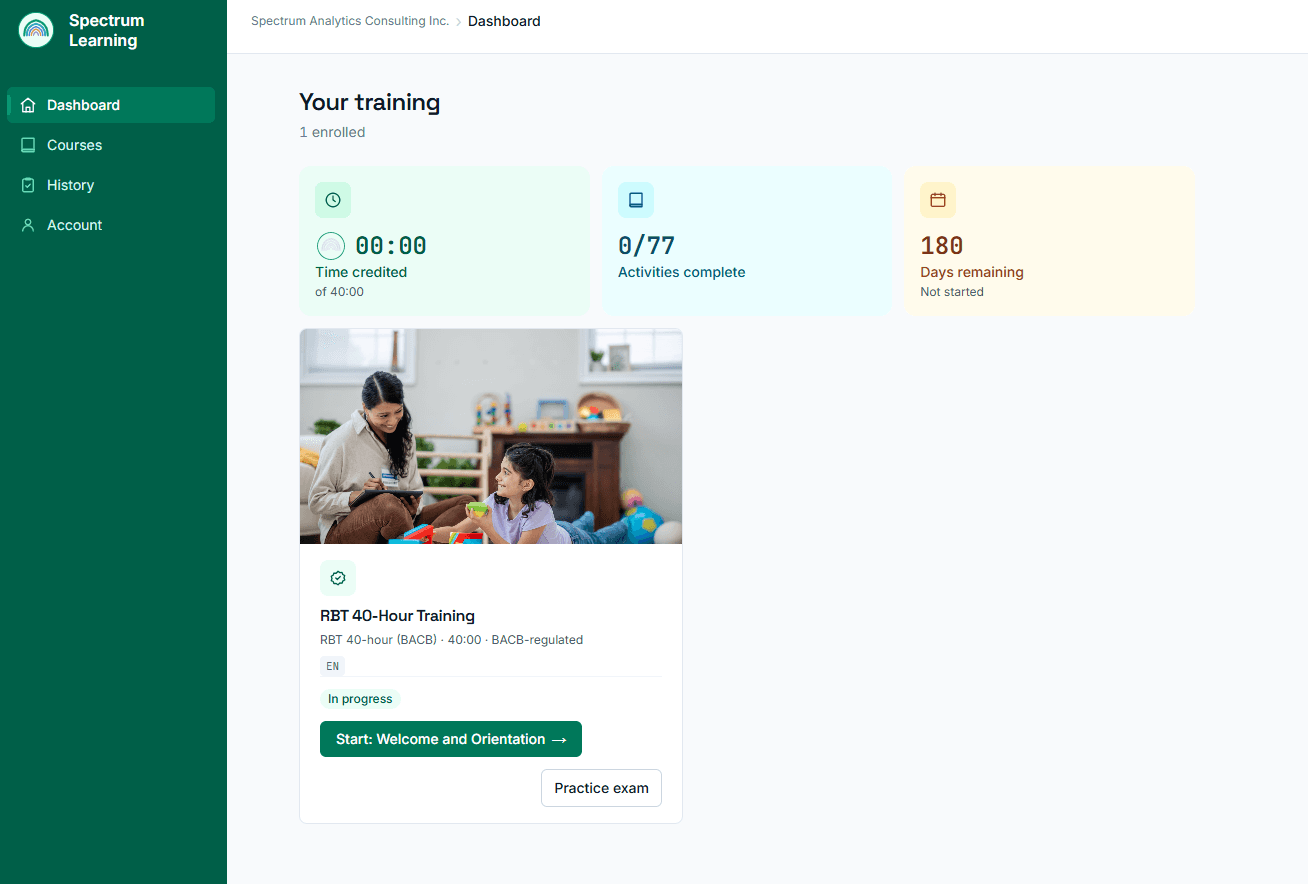 The Spectrum Learning learner dashboard showing time credited of 40:00, 0 of 77 activities complete and 180 days remaining.