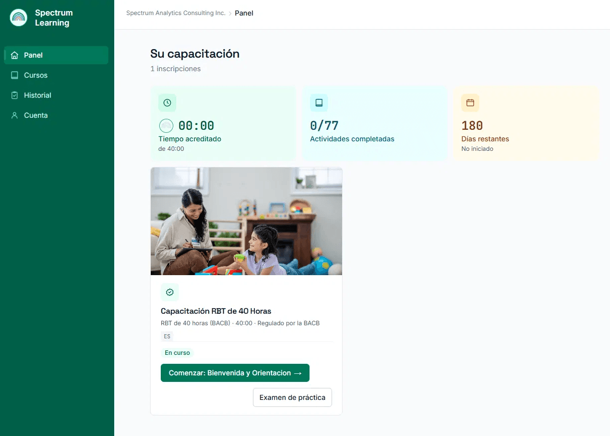 The Spectrum Learning dashboard in Spanish: "Su capacitación", showing time credited toward 40:00 and 0 of 77 activities complete.