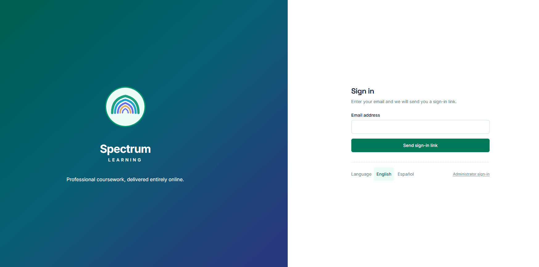 Spectrum Learning sign-in screen: an email field, a Send sign-in link button, and an English / Español language selector.