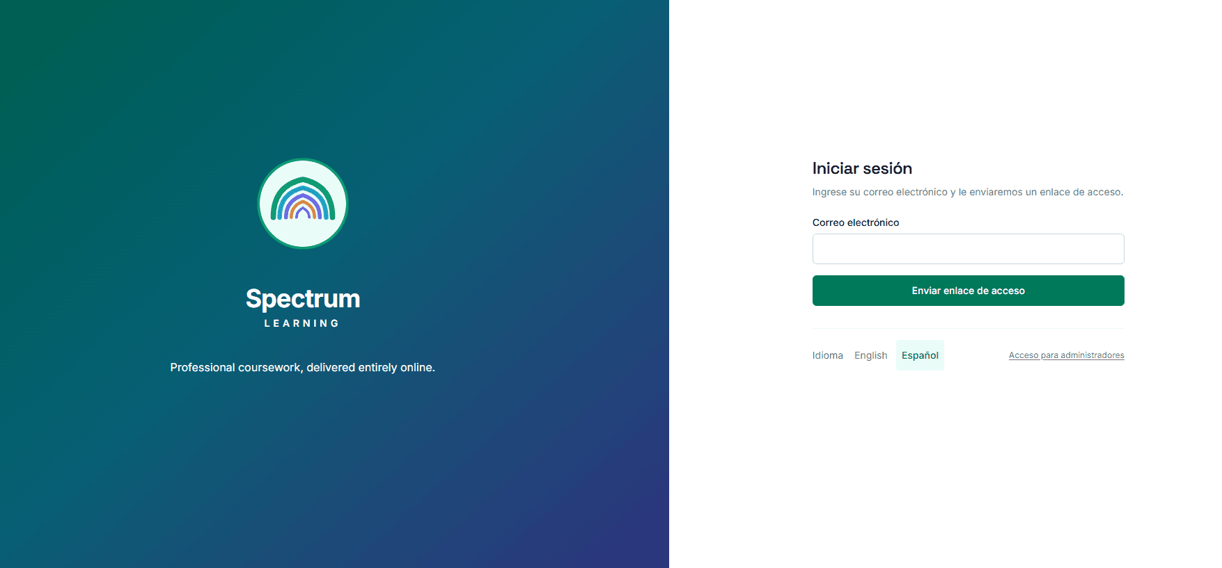 Pantalla de inicio de sesión de Spectrum Learning en español: el logotipo de Spectrum Learning junto al campo Correo electrónico, el botón Enviar enlace de acceso y el selector de idioma con Español activo.