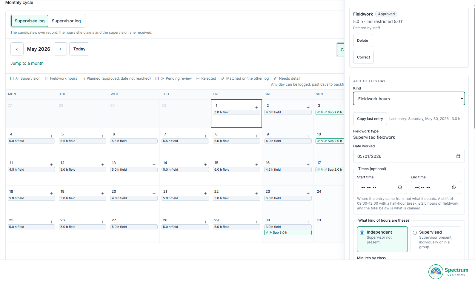 Supervisee log in calendar view for May 2026, with daily fieldwork hours, matched supervision sessions and the entry panel open